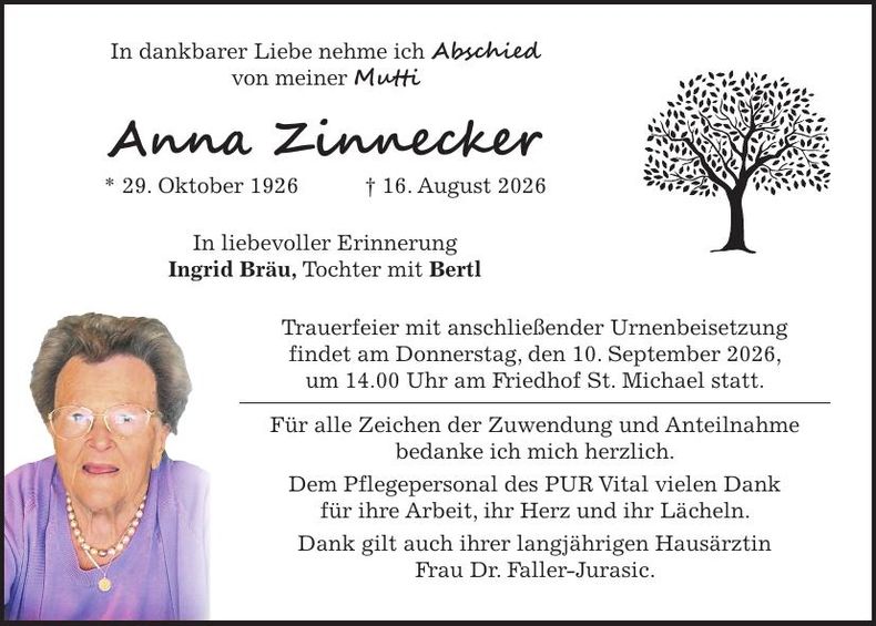Traueranzeige Anna Zinnecker