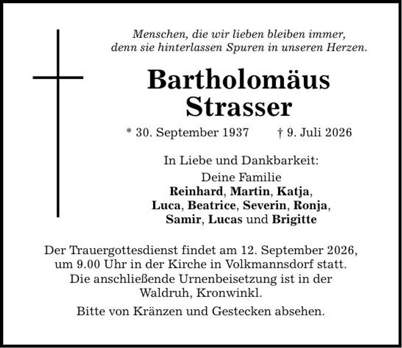 Traueranzeige Bartholomäus Strasser