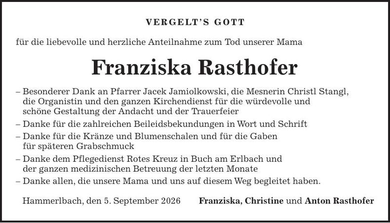 Traueranzeige Franziska Rasthofer