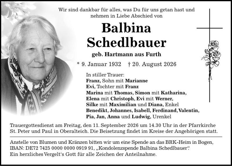Traueranzeige Balbina Schedlbauer