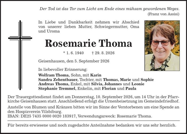 Traueranzeige Rosemarie Thoma