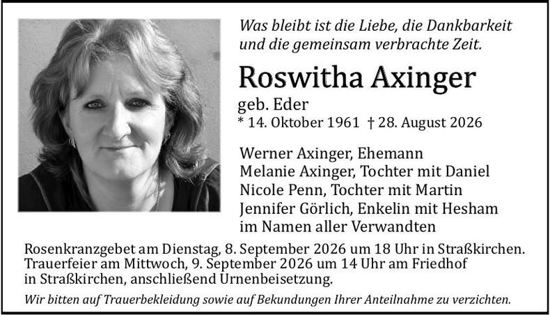 Traueranzeige Roswitha Axinger 