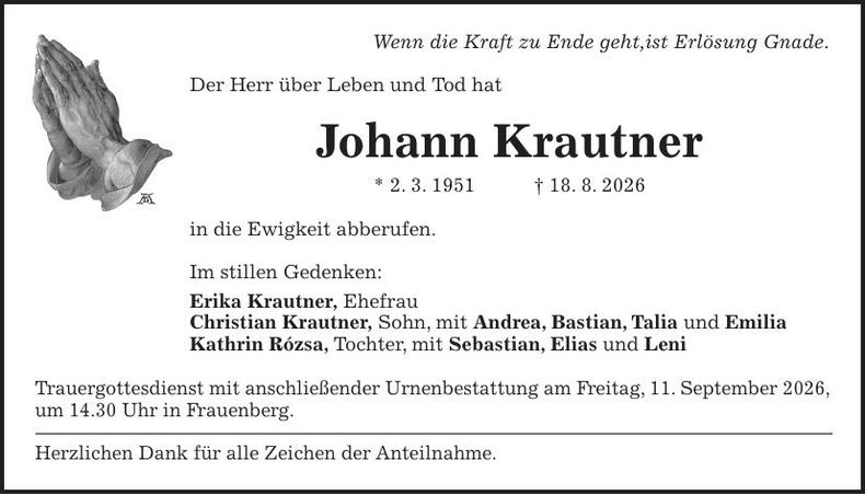 Traueranzeige Johann Krautner