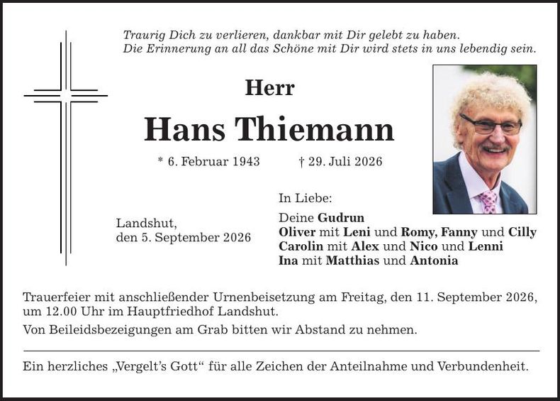 Traueranzeige Thiemann Hans