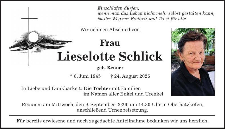 Traueranzeige Lieselotte Schlick
