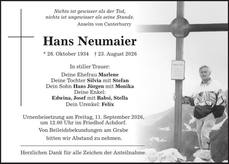 Traueranzeige Hans Neumaier