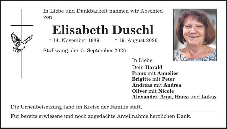 Traueranzeige Elisabeth Duschl