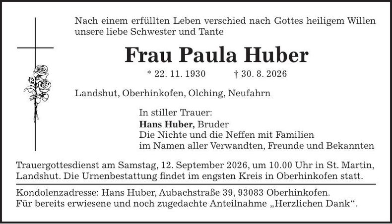 Traueranzeige Paula Huber