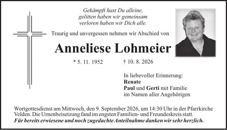 Traueranzeige Anneliese Lohmeier