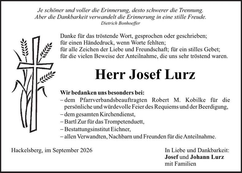 Traueranzeige Josef Lurz