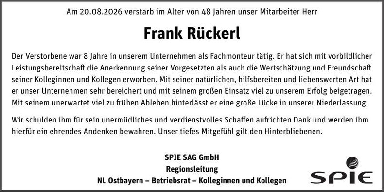 Traueranzeige Frank Rückerl