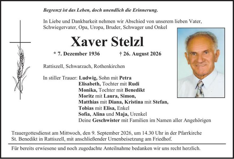 Traueranzeige Xaver Stelzl