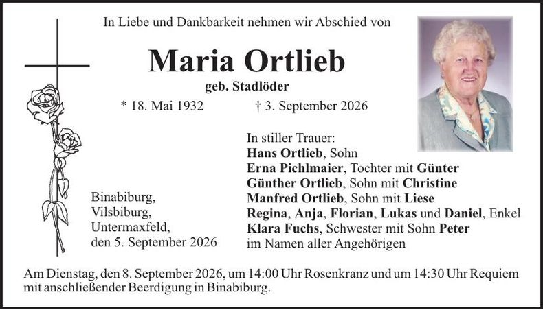 Traueranzeige Maria Ortlieb