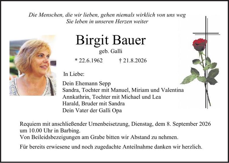 Traueranzeige Birgit Bauer