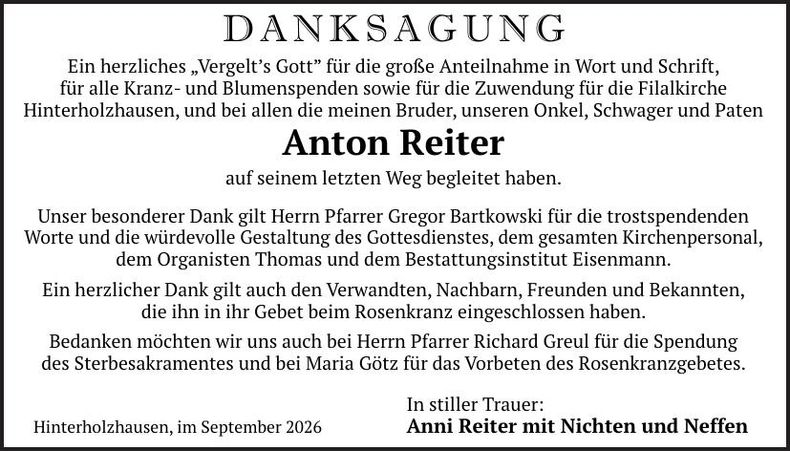 Traueranzeige Anton Reiter