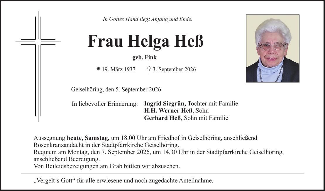 Traueranzeige Helga Heß