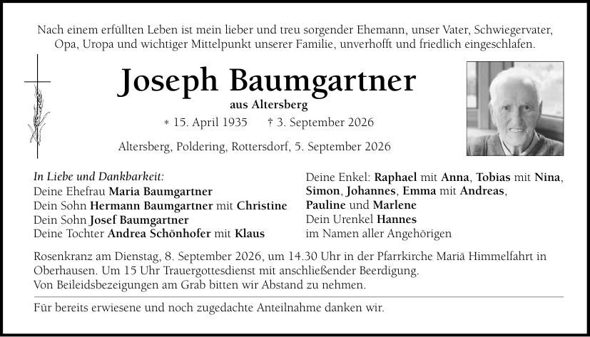 Traueranzeige Joseph Baumgartner