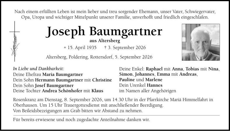 Traueranzeige Joseph Baumgartner