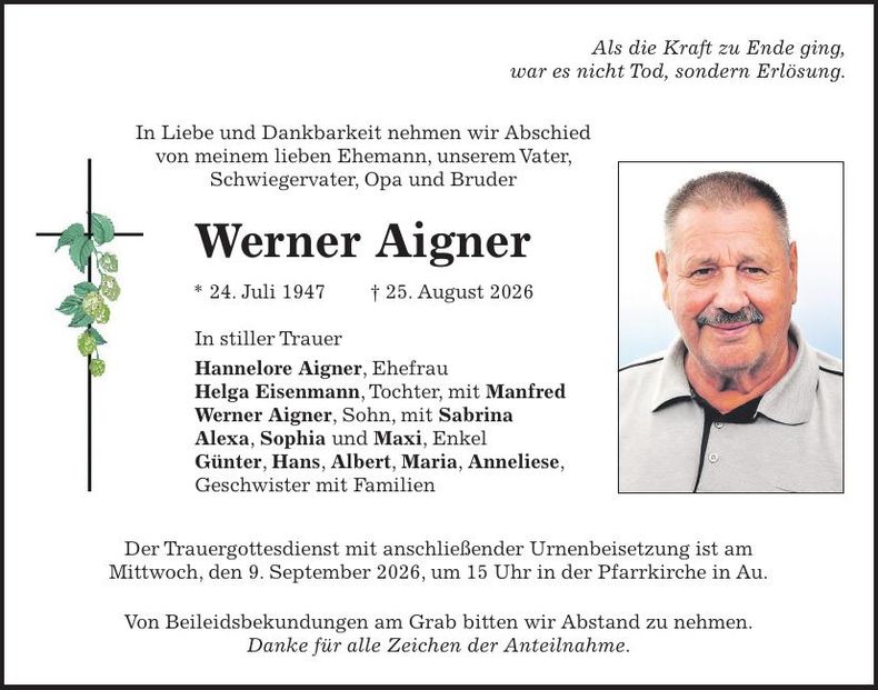 Traueranzeige Werner Aigner