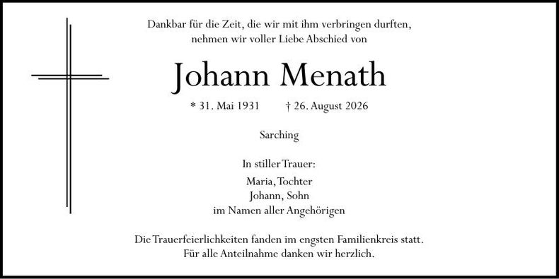 Traueranzeige Johann Menath