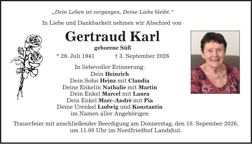 Traueranzeige Gertraud Karl
