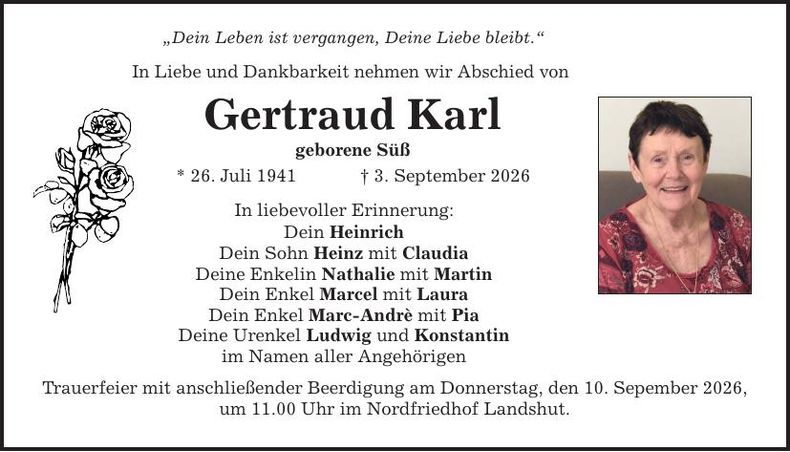 Traueranzeige Gertraud Karl