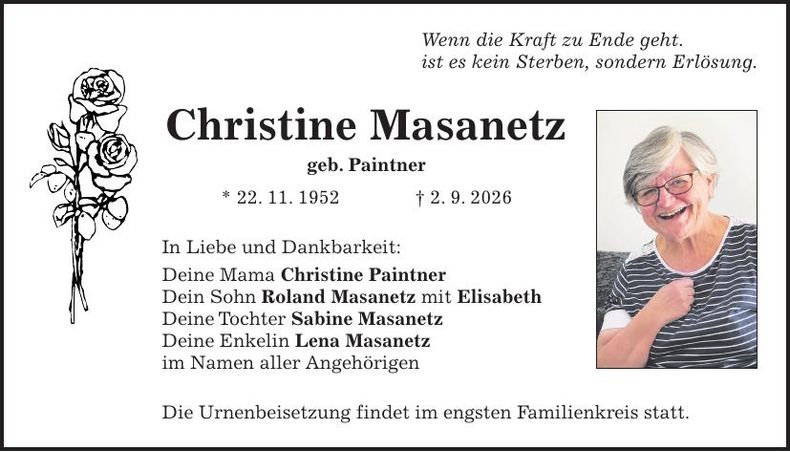 Traueranzeige Christine Masanetz