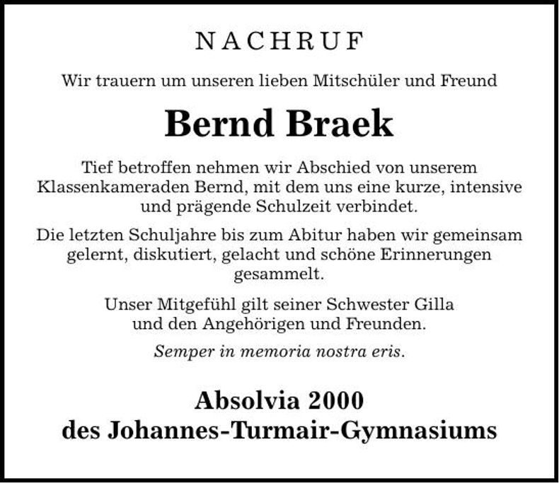 Traueranzeige Bernd Braek