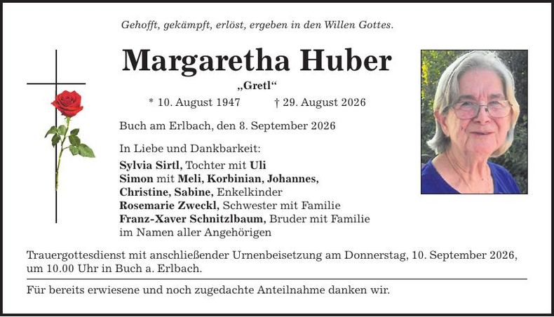 Traueranzeige Margaretha Huber