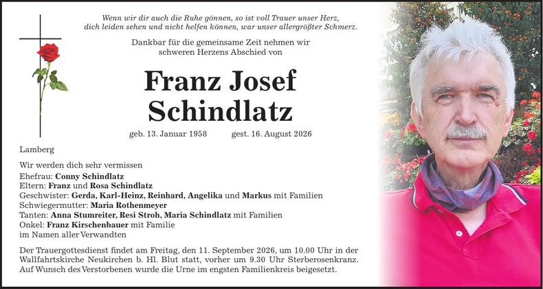 Traueranzeige Franz Schindlatz