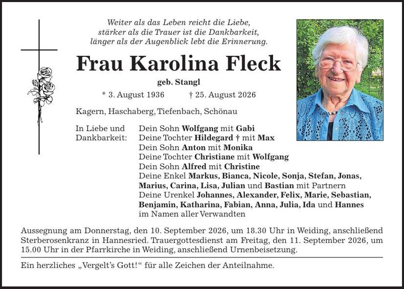 Traueranzeige Karolina Fleck