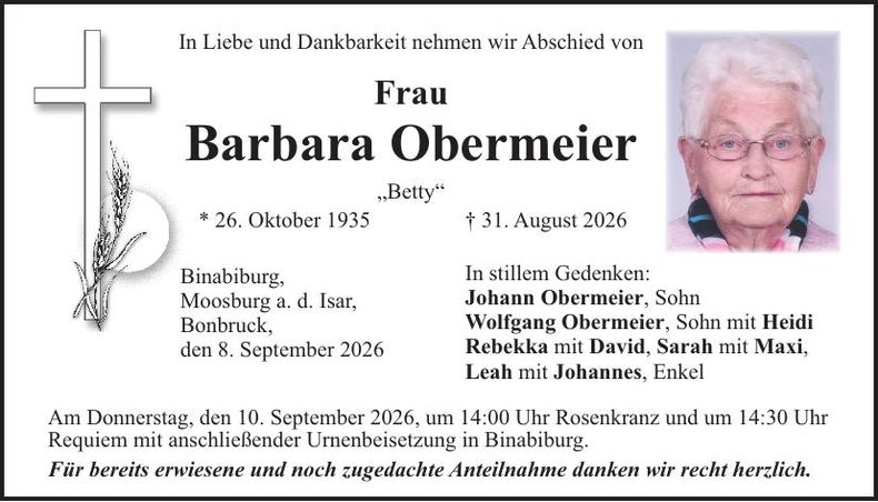 Traueranzeige Barbara Obermeier