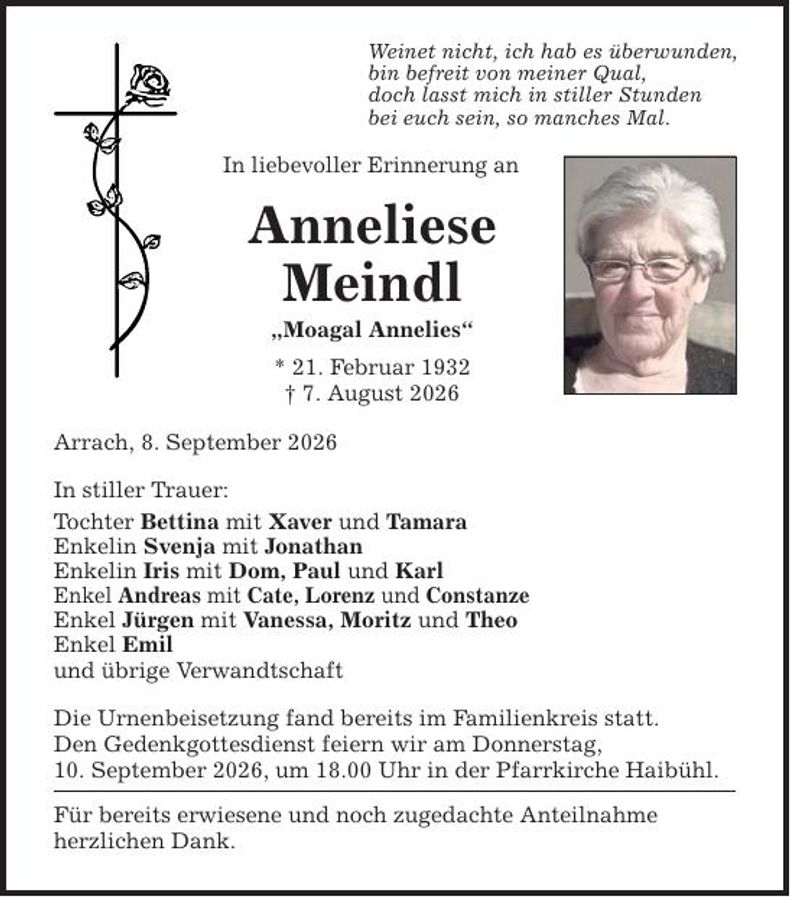 Traueranzeige Anneliese Meindl