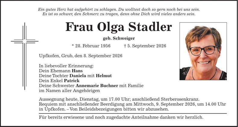 Traueranzeige Olga Stadler