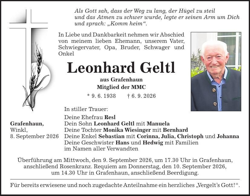 Traueranzeige Leonhard Geltl