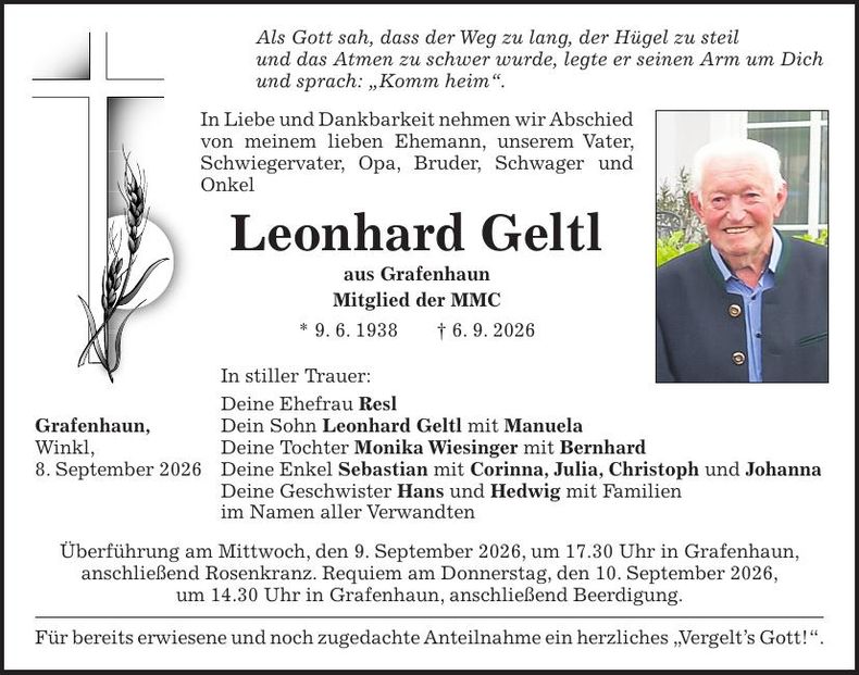 Traueranzeige Leonhard Geltl