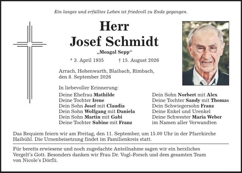 Traueranzeige Josef Schmidt