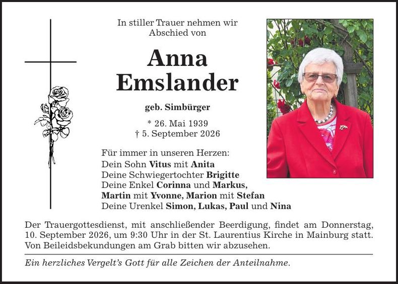 Traueranzeige Anna Emslander