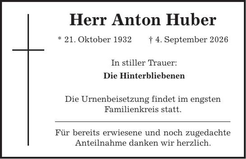 Traueranzeige Anton Huber 