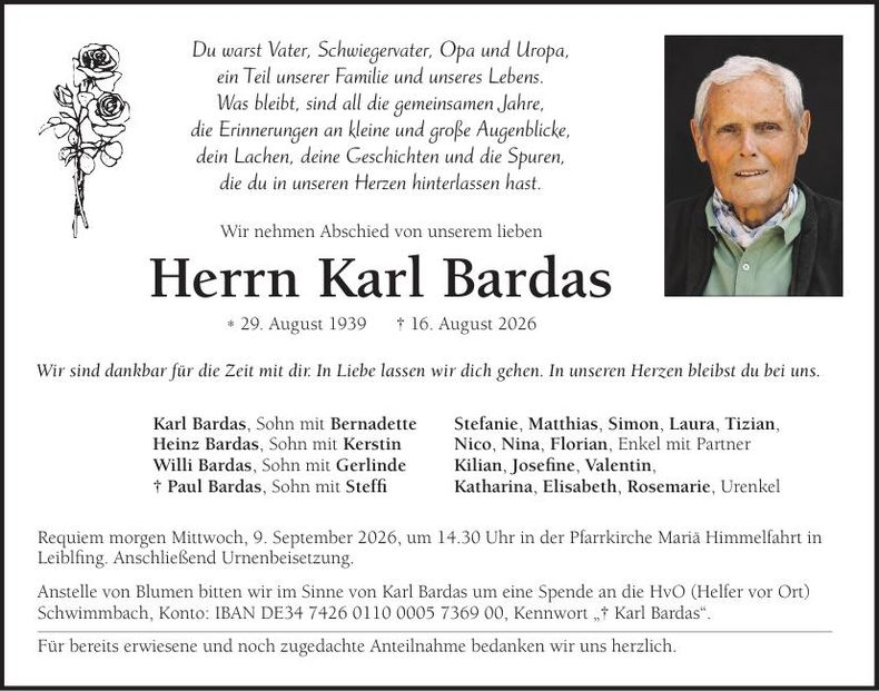 Traueranzeige Karl Bardas