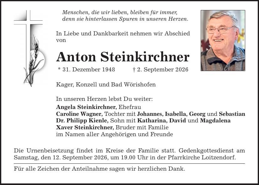 Traueranzeige Anton Steinkirchner