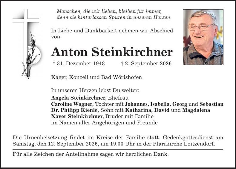 Traueranzeige Anton Steinkirchner
