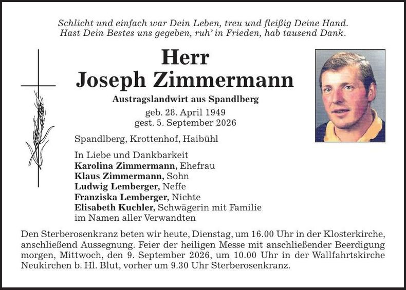 Traueranzeige Josef Zimmerman 