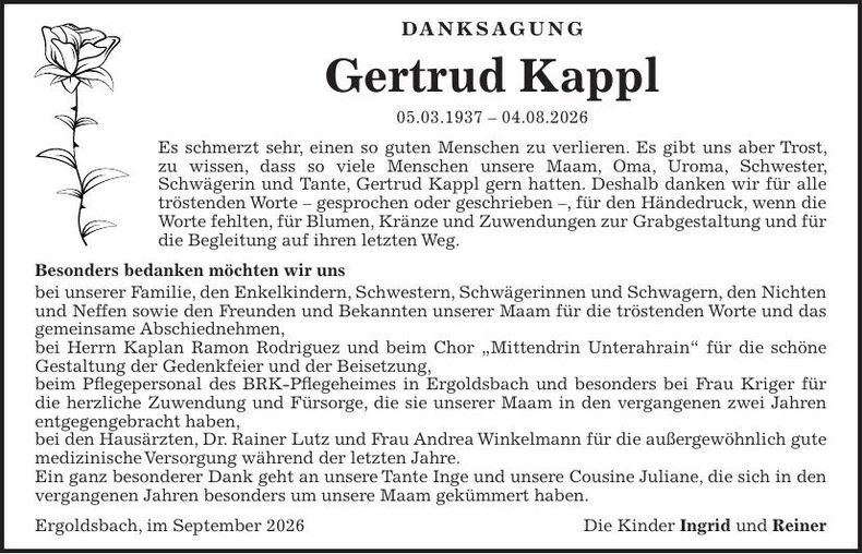 Traueranzeige Gertrud Kappl