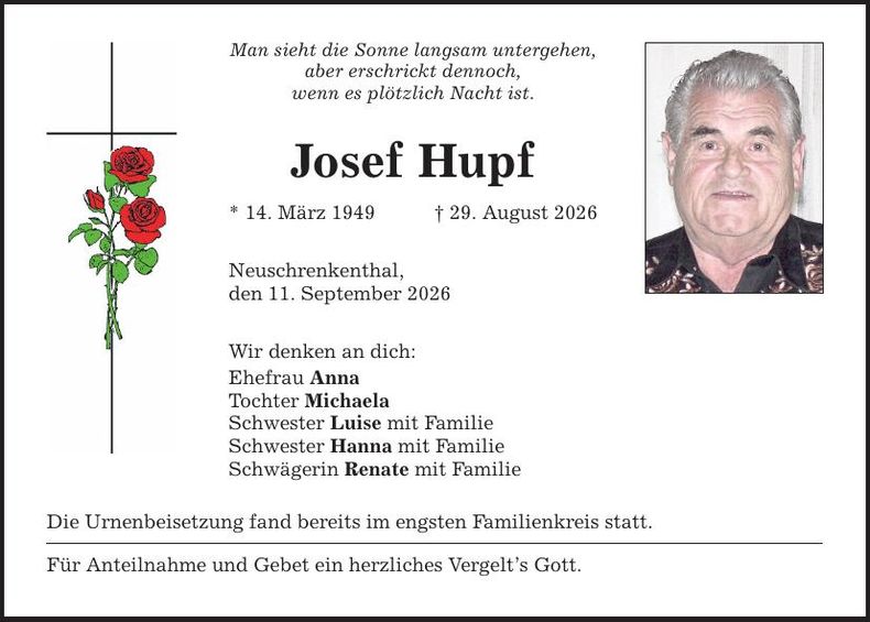 Traueranzeige Josef Hupf
