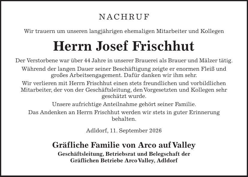Traueranzeige Josef Frischhut