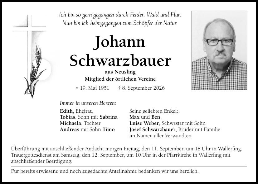 Traueranzeige Johann Schwarzbauer