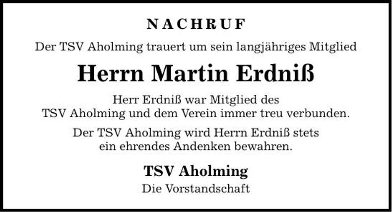 Traueranzeige Martin Erdniß