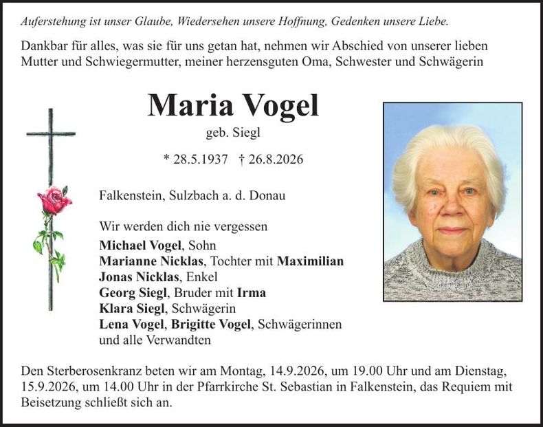 Traueranzeige Maria Vogel