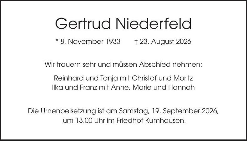 Traueranzeige Gertrud Niederfeld